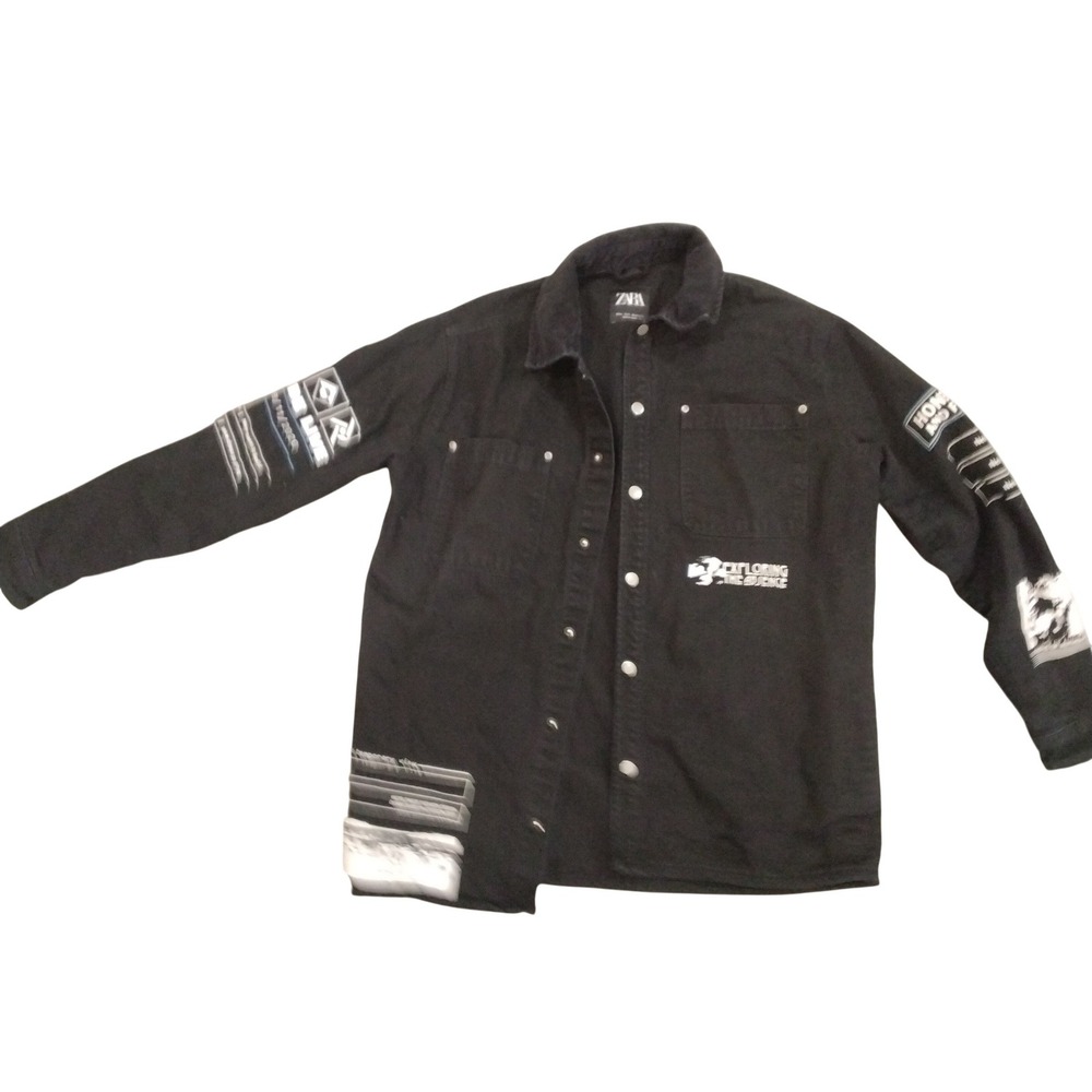 Zara Mens Black Graphic Denim Overshirt Jacket Exploring the Absence Streetwear